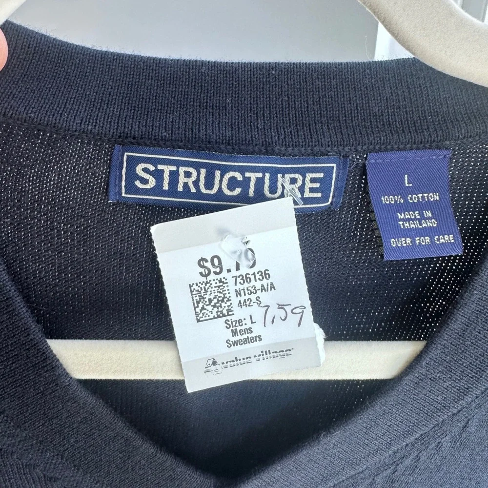 Structure Mens Navy Blue V-Neck Sweater 100%‎ Cotton Knit Pullover Large